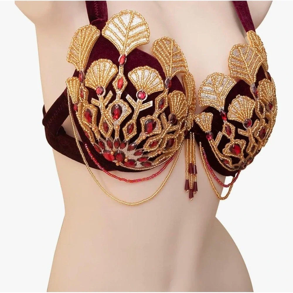 Luxury Embellished Belly Dance Costume Set – Burgundy & Gold – Festival Outfit - Picture 2 of 8